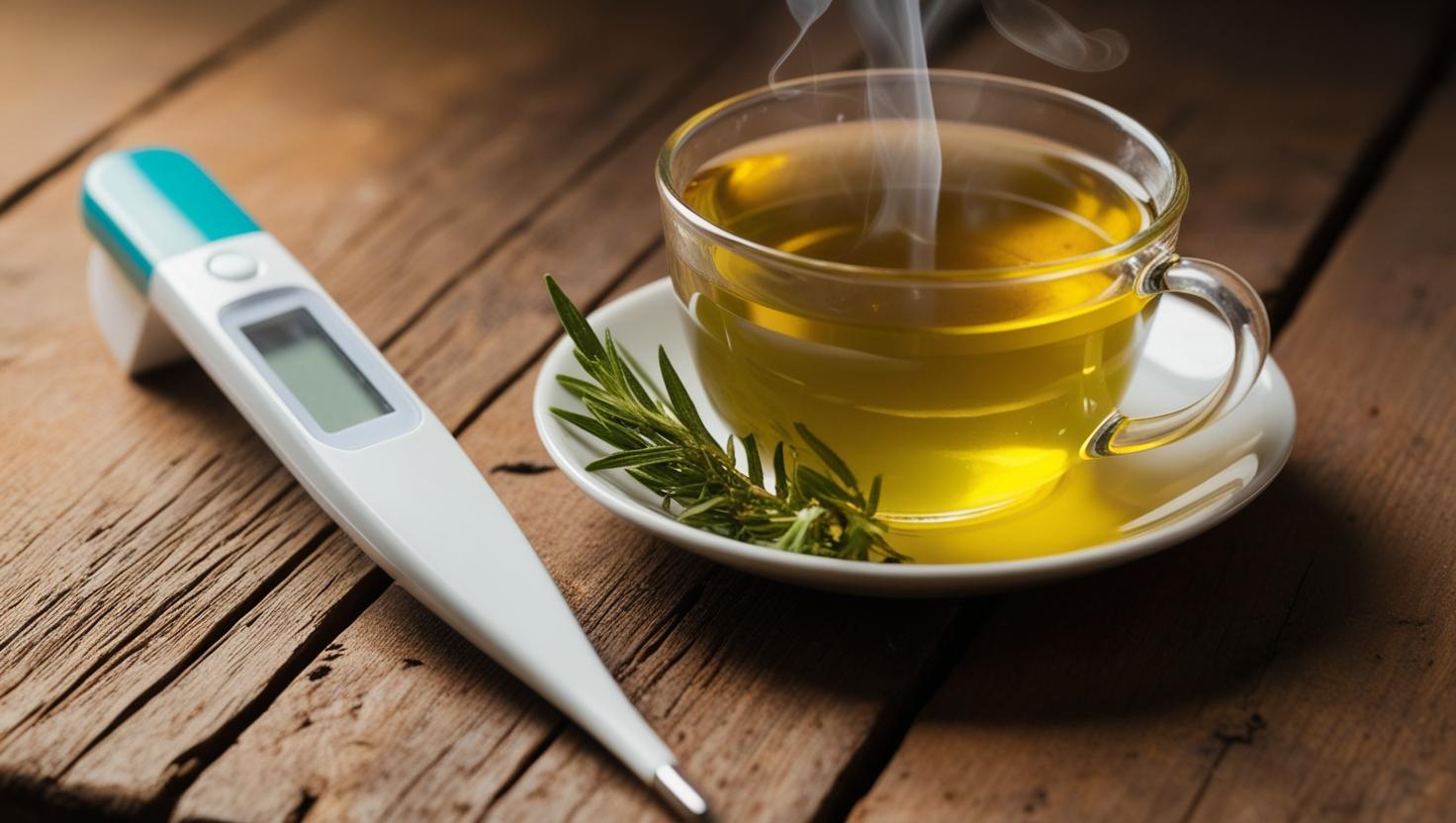 Fieberthermometer, Tasse Tee als Symbolbild für Krankheit